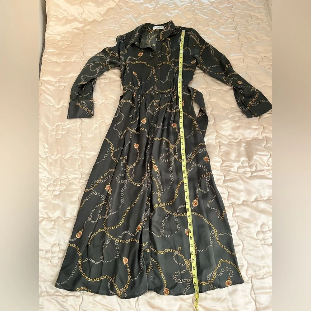 Mango Olive Green Chain-Print Midi Shirt Dress